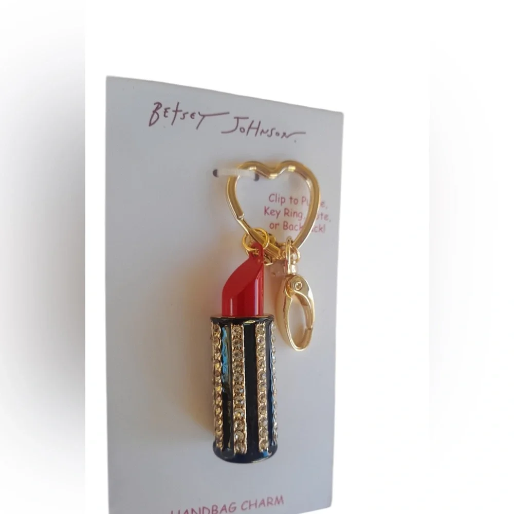 BETSEY JOHNSON Fire Engine Red Lipstick Crystal-Studded Bag Charm Keychain NWT